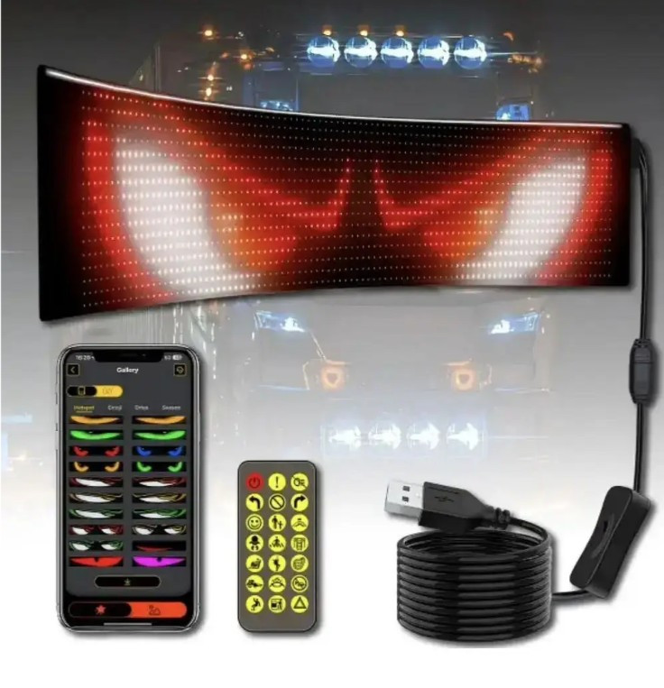 Гнучка світлодіодна LED панель Очі на авто 12x59,5 см, USB живлення, Bluetooth та пульт, 1024 діоди, RGB