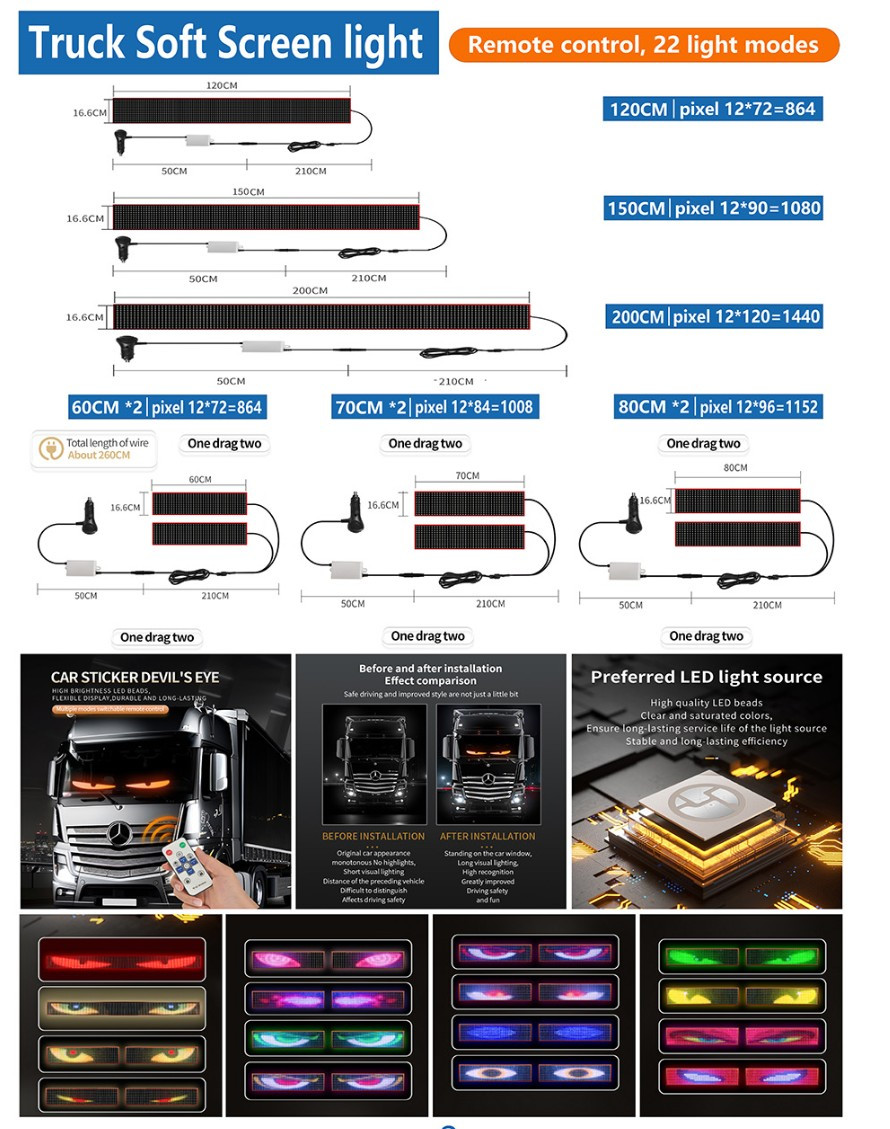 Гнучка LED панель Очі диявола на авто 2шт 16x80 см, Devil Eyes, 12/24V, 34 режими, Bluetooth, управління з пульта