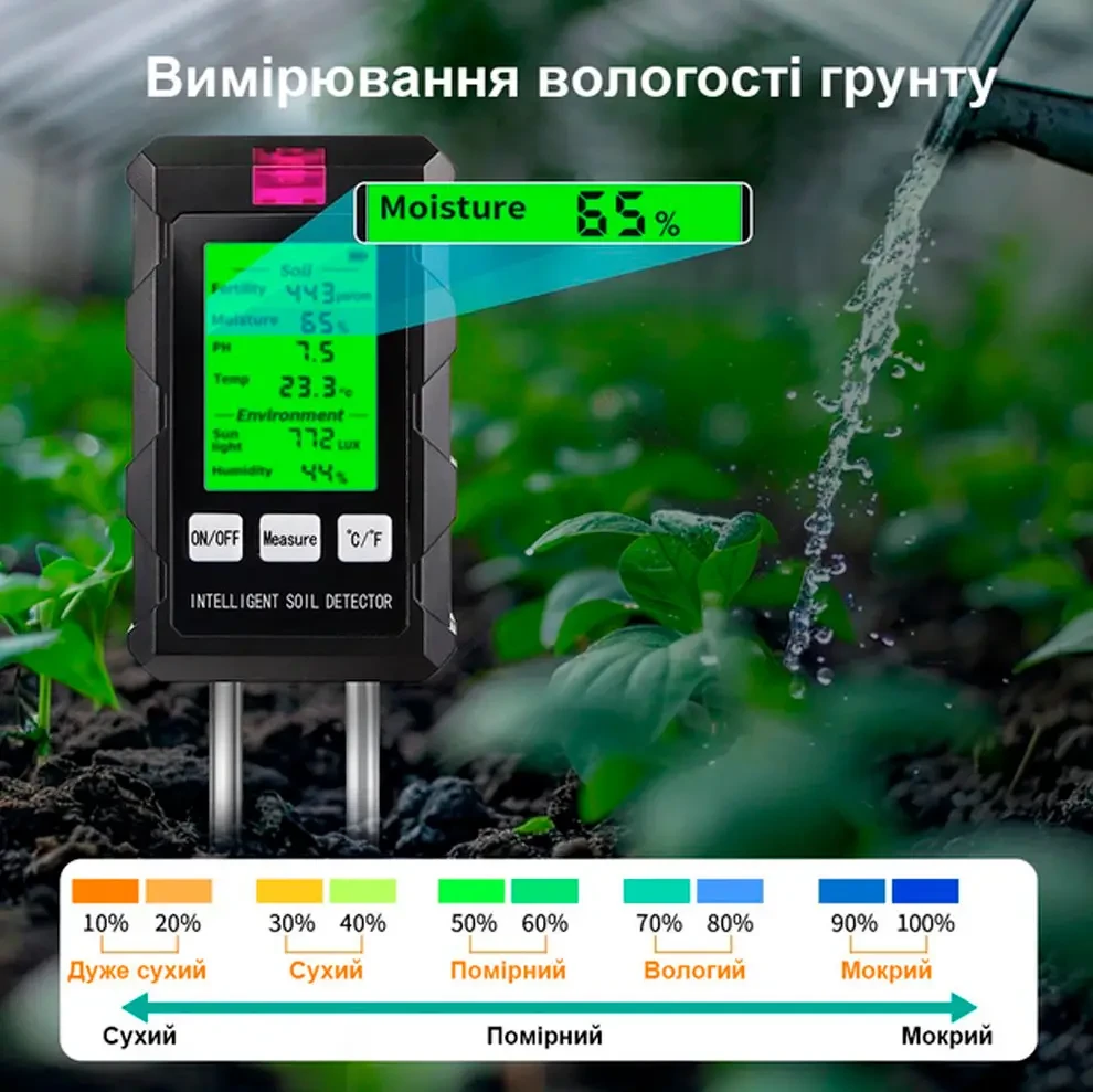 Аналізатор ґрунту 6в1 ST-03 (рН, температура, освітленість, плодородіння, вологість ґрунту та повітря)